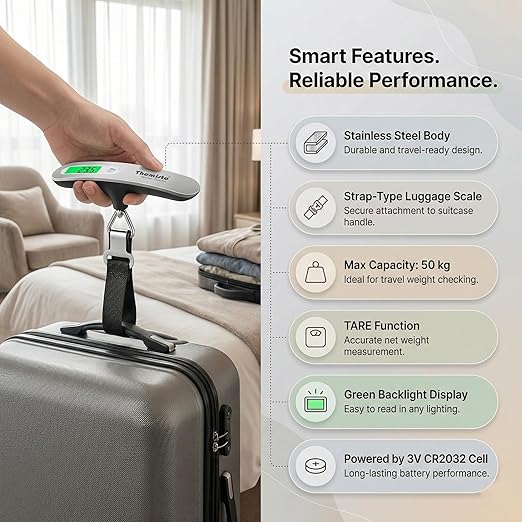 Themisto TH-WS09 Digital Travel Luggage Scale, 50kg Capacity, Tare & Hold Functions, Silver