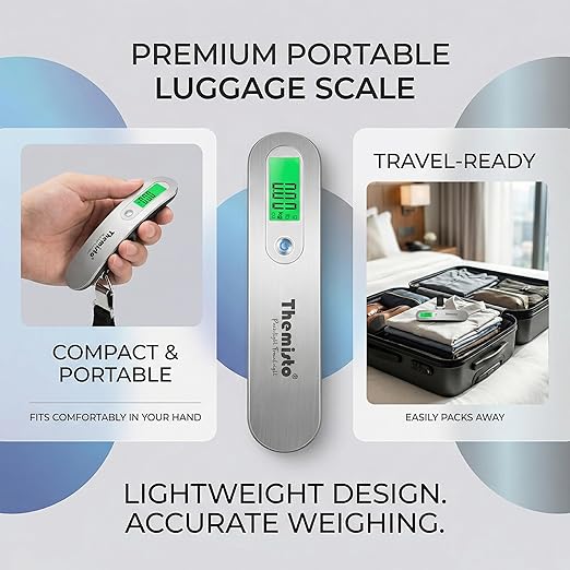 Themisto TH-WS09 Digital Travel Luggage Scale, 50kg Capacity, Tare & Hold Functions, Silver