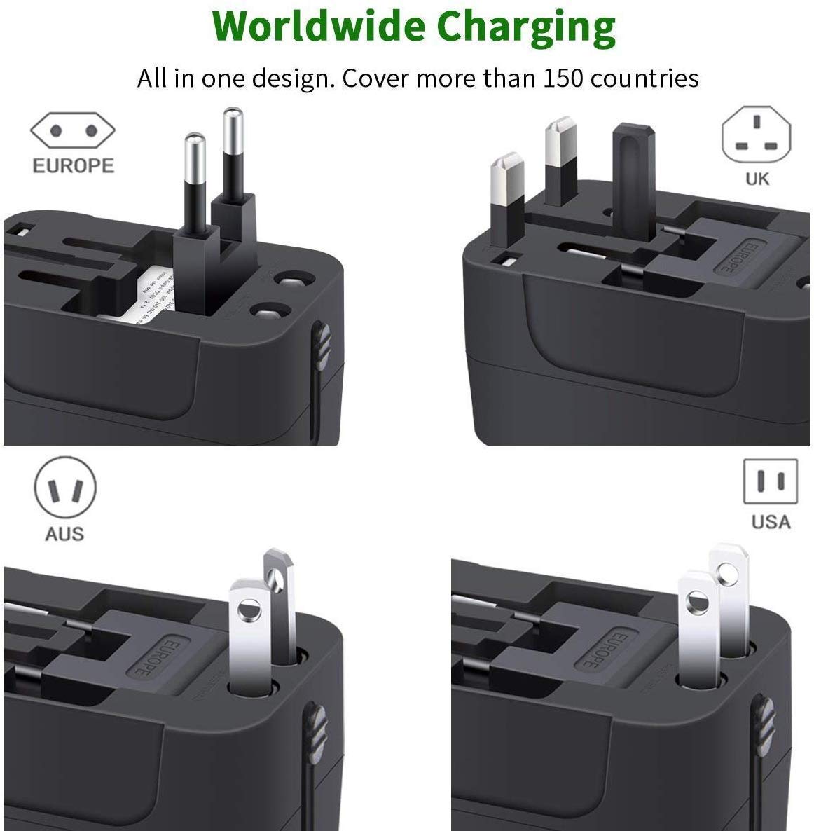 rts Universal Travel Adapter, International All in One Worldwide Travel Adapter and Wall Charger with USB Ports with Multi Type Power Outlet USB 2.1A,100-250 Voltage Travel Charger (Black)