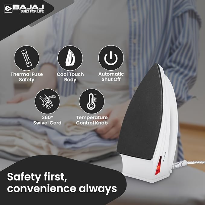 Bajaj DX-6 1000 Watts Dry Iron | Advance Soleplate And Anti-Bacterial German Coating Technology | Thermol Fuse Safety | Auto Shut-Off | Cool Touch Body | 2 Yr Warranty 【White】