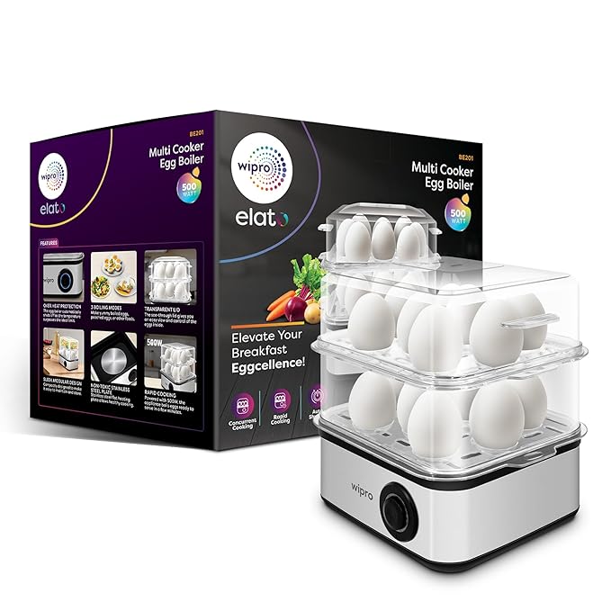 Wipro Elato BE201 4in1 Multicooker 500 Watt - Boils up to 16 Eggs, Steam Rice, Poach Eggs, Cook Vegetables - 3 Boiling Modes, Concurrent Cooking - 2 Year Warranty