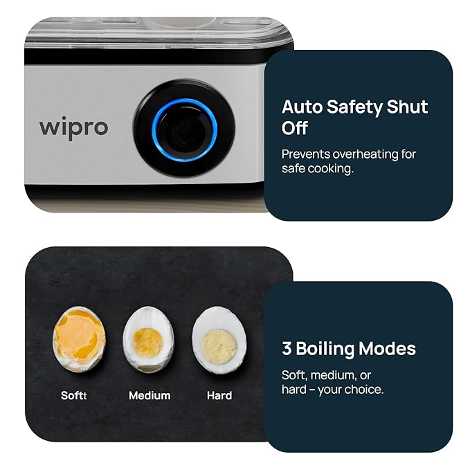 Wipro Elato BE201 4in1 Multicooker 500 Watt - Boils up to 16 Eggs, Steam Rice, Poach Eggs, Cook Vegetables - 3 Boiling Modes, Concurrent Cooking - 2 Year Warranty