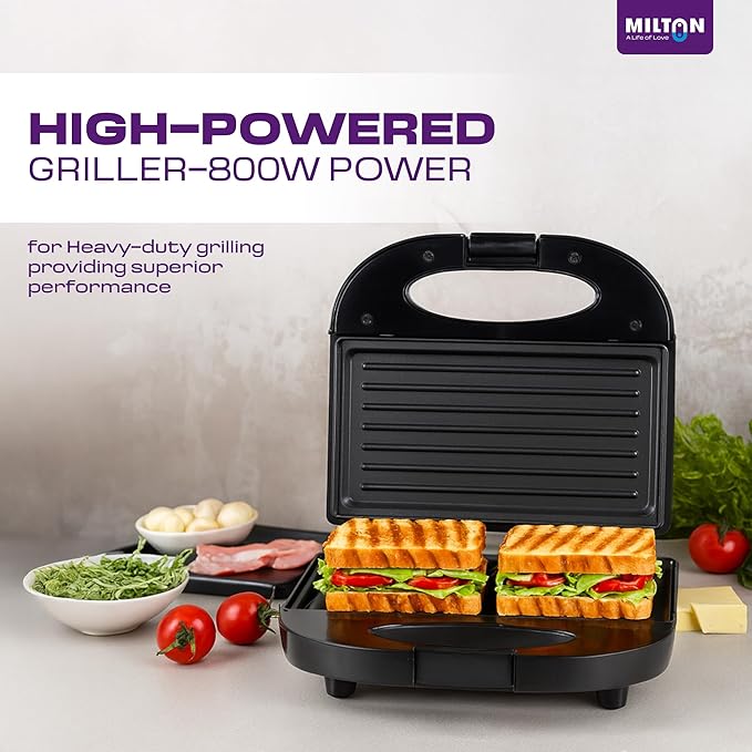 MILTON Express 800 Watt Grill Sandwich Maker | Electric Toaster Griller Sandwich Maker | Non Stick Coating Grill Plates | Power Indicators | 1 Year Warranty | Black
