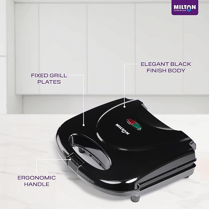 MILTON Express 800 Watt Grill Sandwich Maker | Electric Toaster Griller Sandwich Maker | Non Stick Coating Grill Plates | Power Indicators | 1 Year Warranty | Black