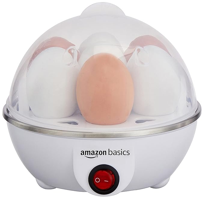 amazon basics Electric Egg Boiler | 350 Watt | Boils Upto 7 Eggs | Automatic Operation, 3 Boiling Modes | Overheat Protection | Stainless Steel Heating Plate, Measuring Cup | 75ml | Plastic | White